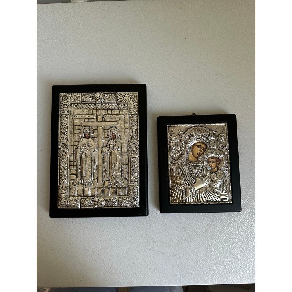 Byzantine Greek Orthodox 950 Pure Silver Icon Virgin Mary Child Jesus 6x5 - Picture 10 of 10
